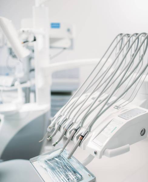 Dental equipment in dentistry clinic, stomatology cabinet interior, nobody. Dentist tools, orthodontist workplace