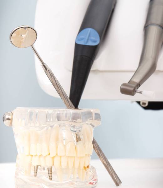 Dental jaw model, stomatology mirror, tools and instruments used by dentists in modern office